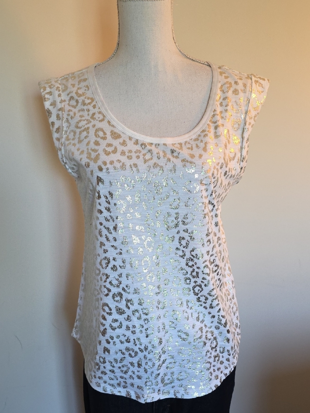 White House Black Market White Tank Top with Metallic Gold Leopard Print